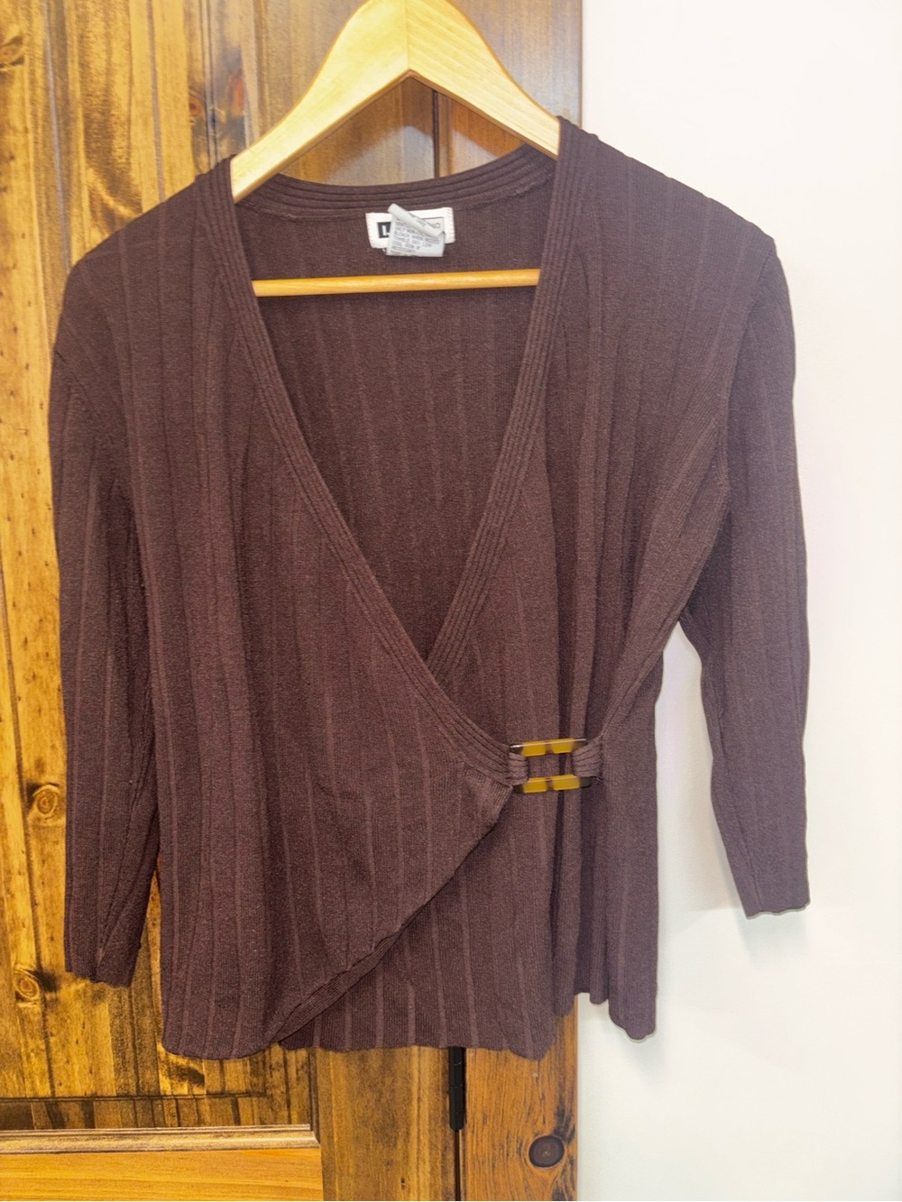 I.N. Studio Brown Ribbed Wrap V-Neck Sweater with Buckle